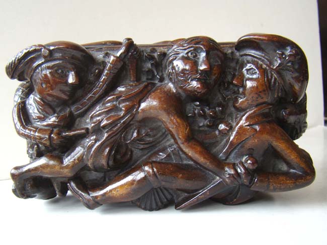 A Fabulous carved fruitwood "Bobbie Burns" Scottish tobacco box circa 1790-1800